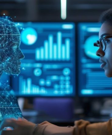 An image of a tech product manager a real human sitting in front of a laptop, chatting with an AI agent on one half of the computer screen An image of a tech product manager a real human sitting in front of a laptop, chatting with an AI agent on one half of the computer screen